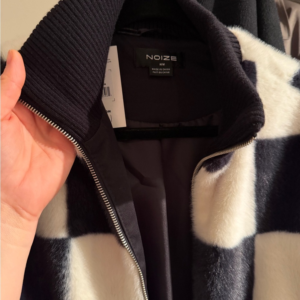 Noize Checkered Teddy Jacket Black White | Soft Faux Fur Cozy Statement Coat - Picture 1 of 8